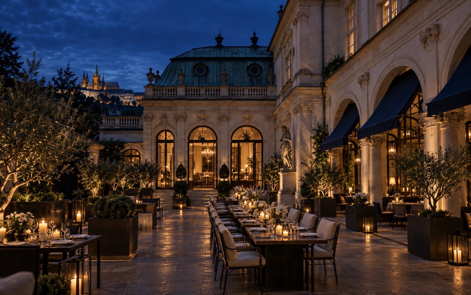 Historic Prague palace courtyard at blue hour