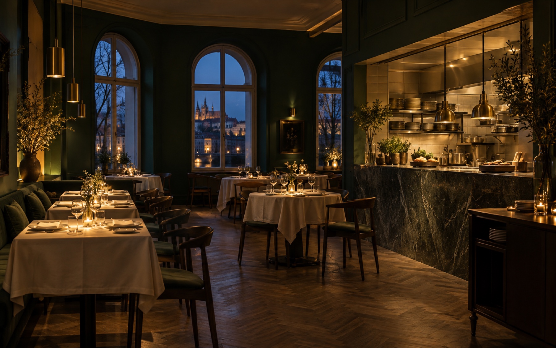 Dark green Prague restaurant dining room with an open kitchen