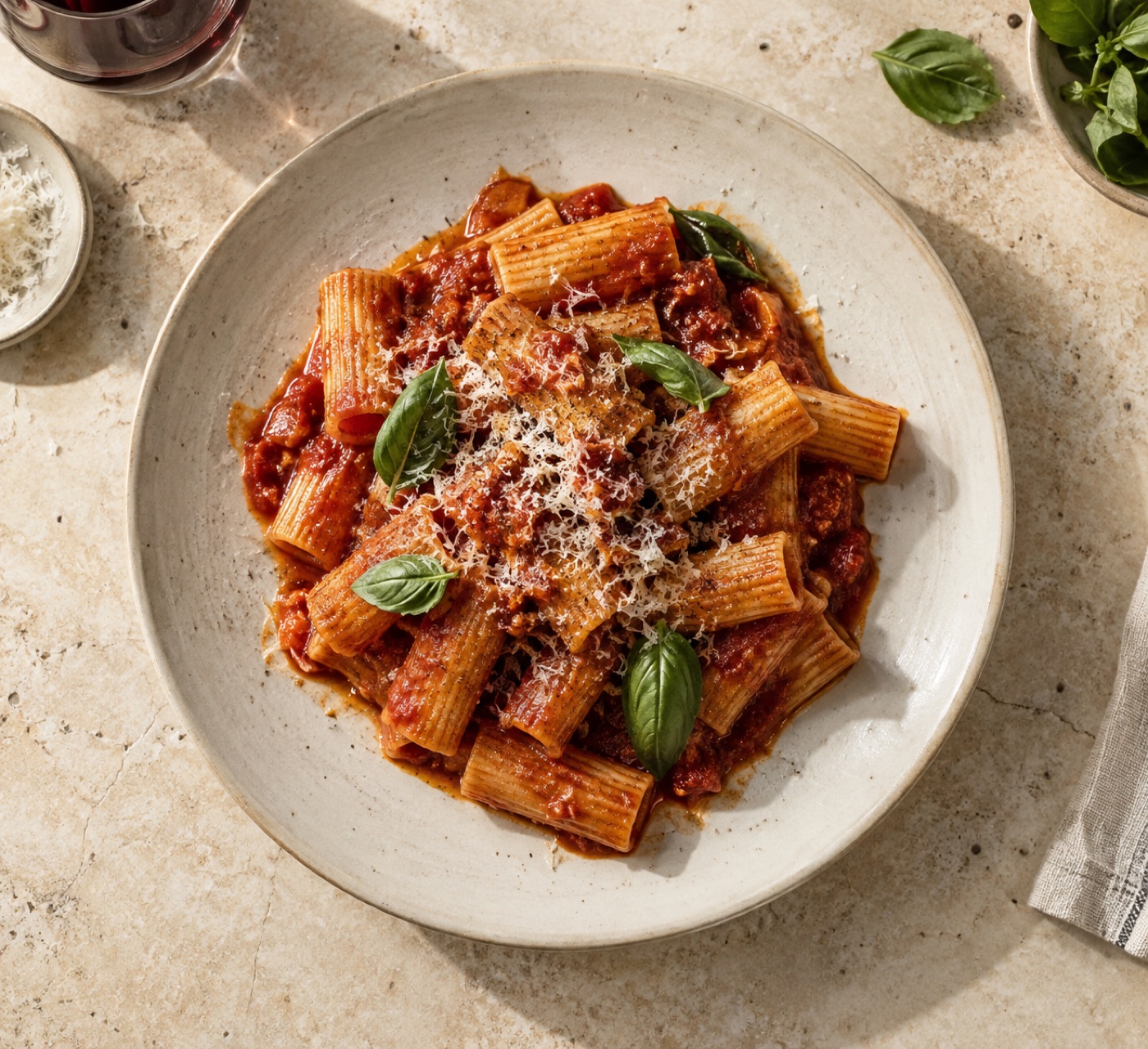 Rigatoni with tomato sauce, aged pecorino and basil, seen from above