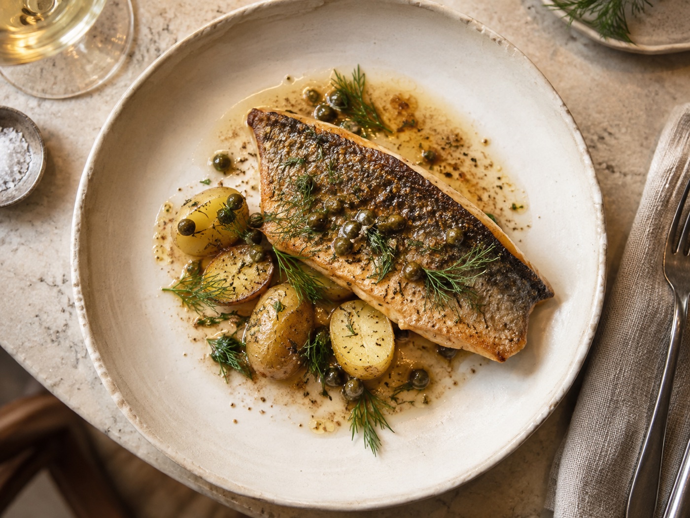 Pan-roasted trout with brown butter, capers, dill and new potatoes